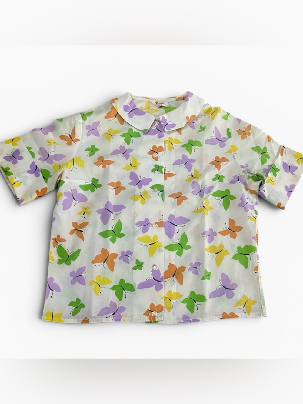 Vintage Cotton Top Peter Pan Collar Button Up Multi Color Butterfly Print